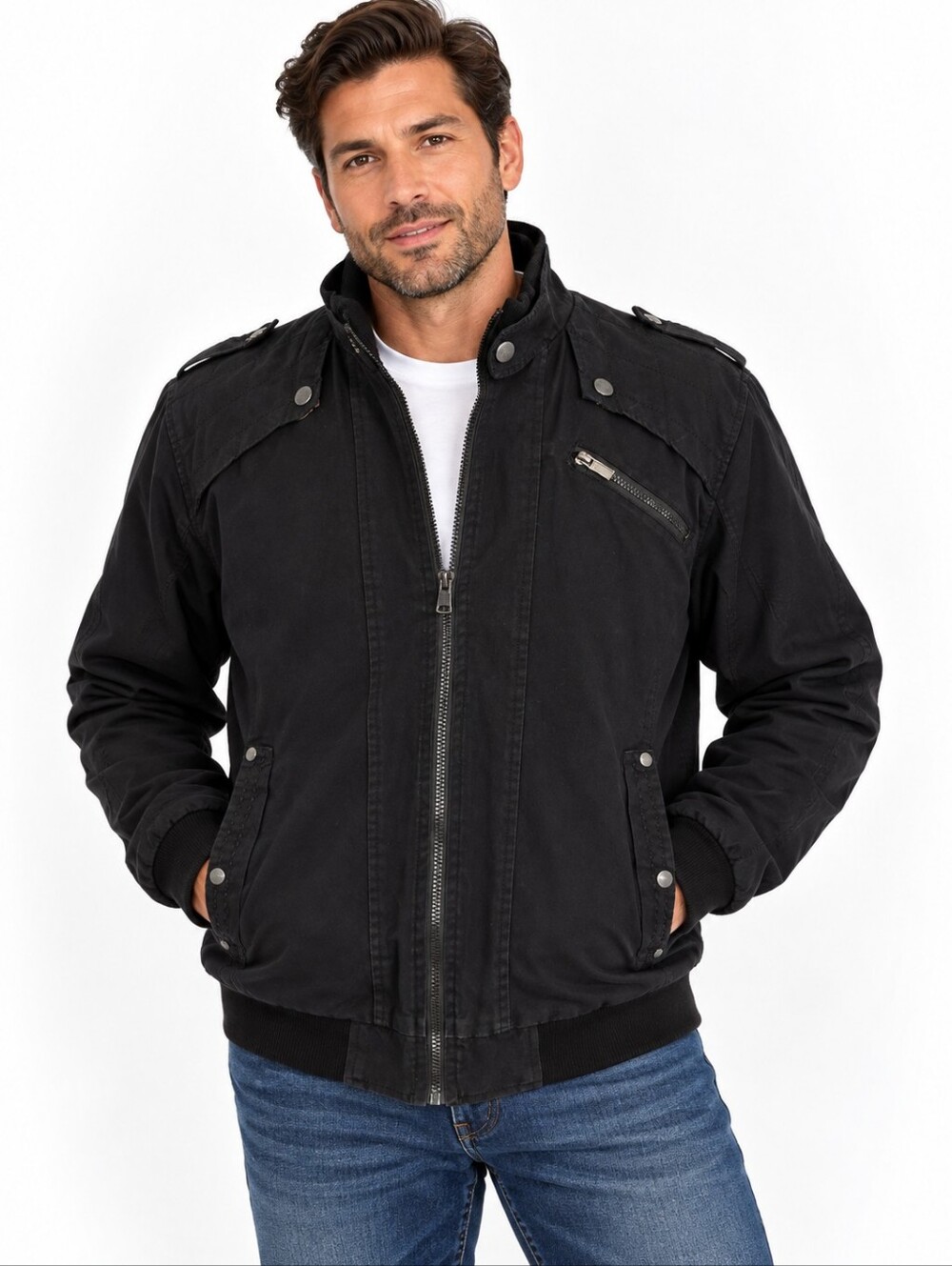 ChouYatou Black Moto Jacket Large Full Zip Ribbed Collar Utility Bomber